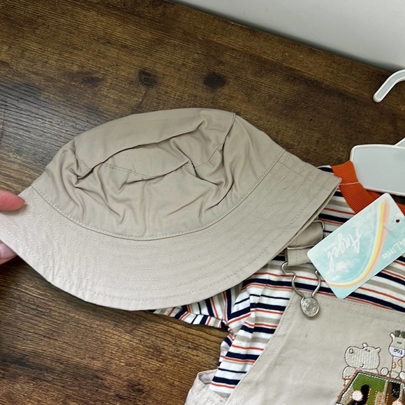 A Little Angel Khaki Overalls With Bucket Hat & Stripes Undershirt - Picture 9 of 13